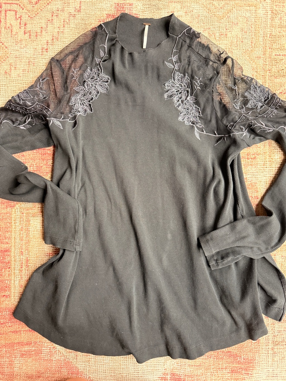 Free People Black Long Sleeve Top with Sheer Floral Embroidered Yoke